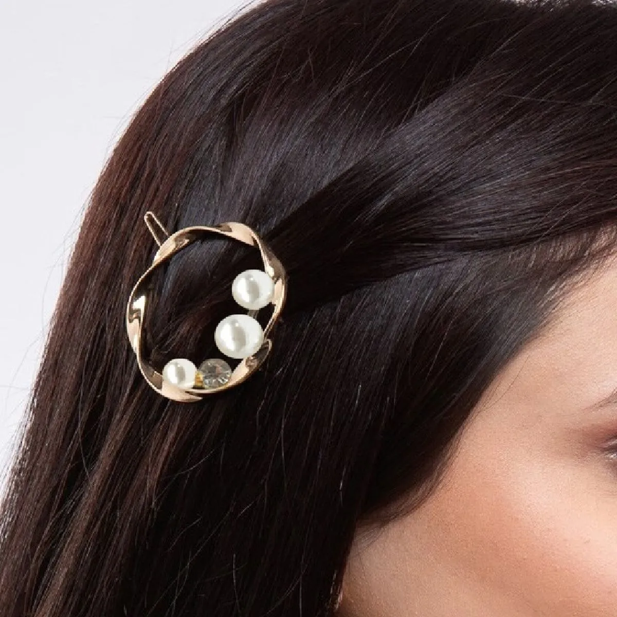 Fabula Gold Tone Round Shape Pearl Party Hair Clip