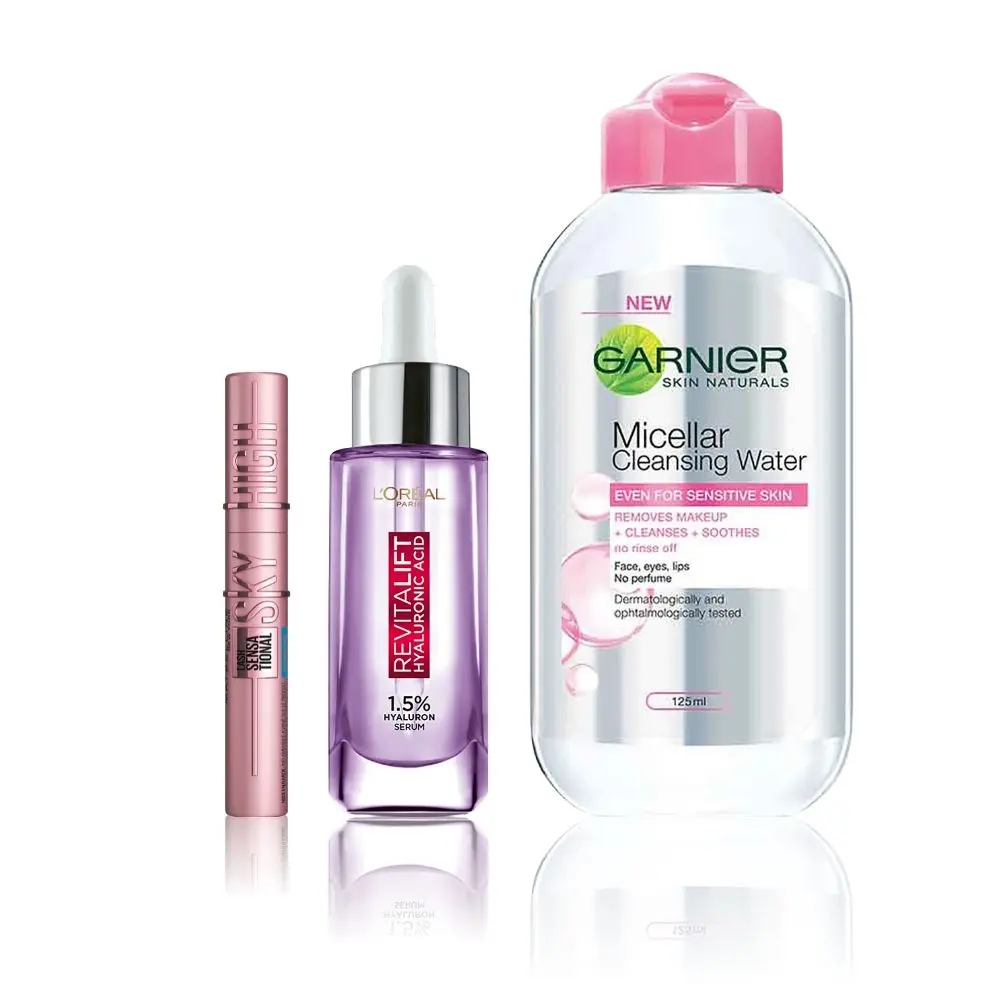 Maybelline x Garnier x L'Oreal Paris Gen Z picks 2 (Maybelline Sky High Mascara - Very Black (6ml), Garnier Micellar Water (125ml), L'Oreal Paris Revitalift 1.5% Hyaluronic Acid Serum (30ml))