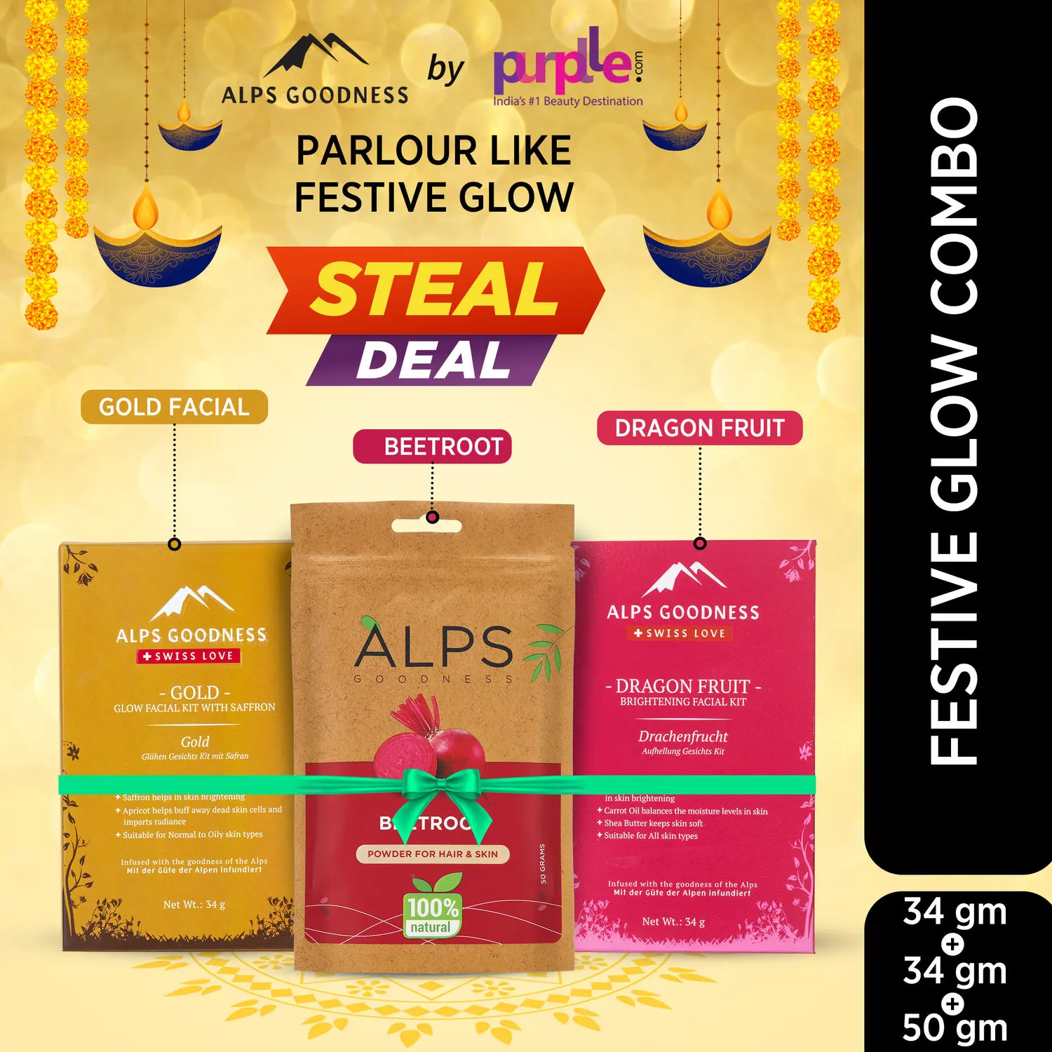 Alps Goodness Festive Pack Combo With Dragon Fruit, Gold Facial Kit & Beetroot Powder | Festive Combo | Facial Kit & beetroot powder | Best for glowing skin | Super savings pack | Best gift for women