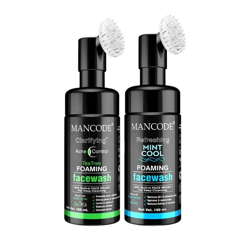 Mancode Clarifying Acne Control Tea Tree & Refreshing Mint Cool Foaming Facewash (With Bult-in Brush),150ml Each (Pack of 2)