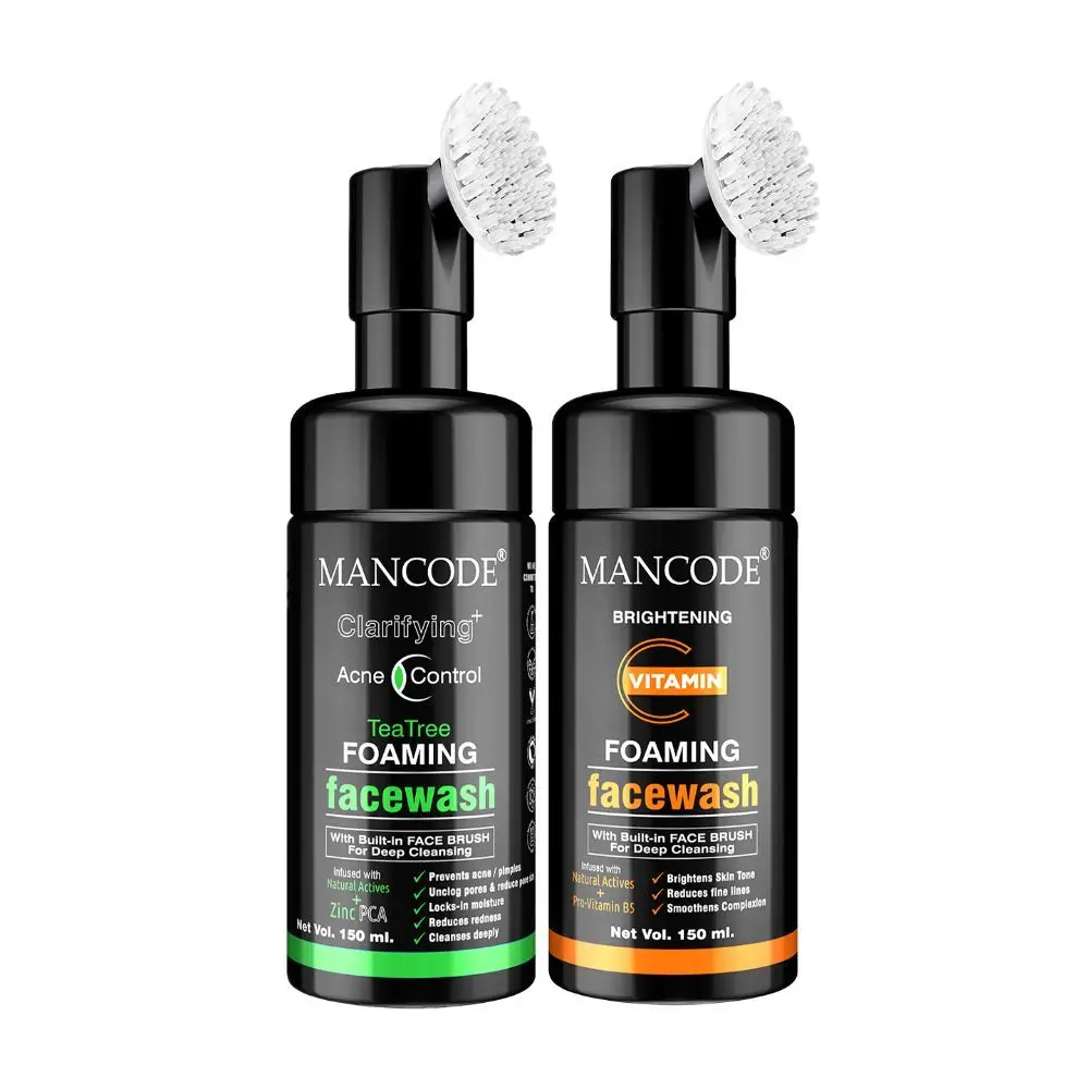 Mancode Clarifying Acne Control Tea Tree & Vitamin C Foaming Facewash (With Bult-in Brush),150ml Each (Pack of 2)