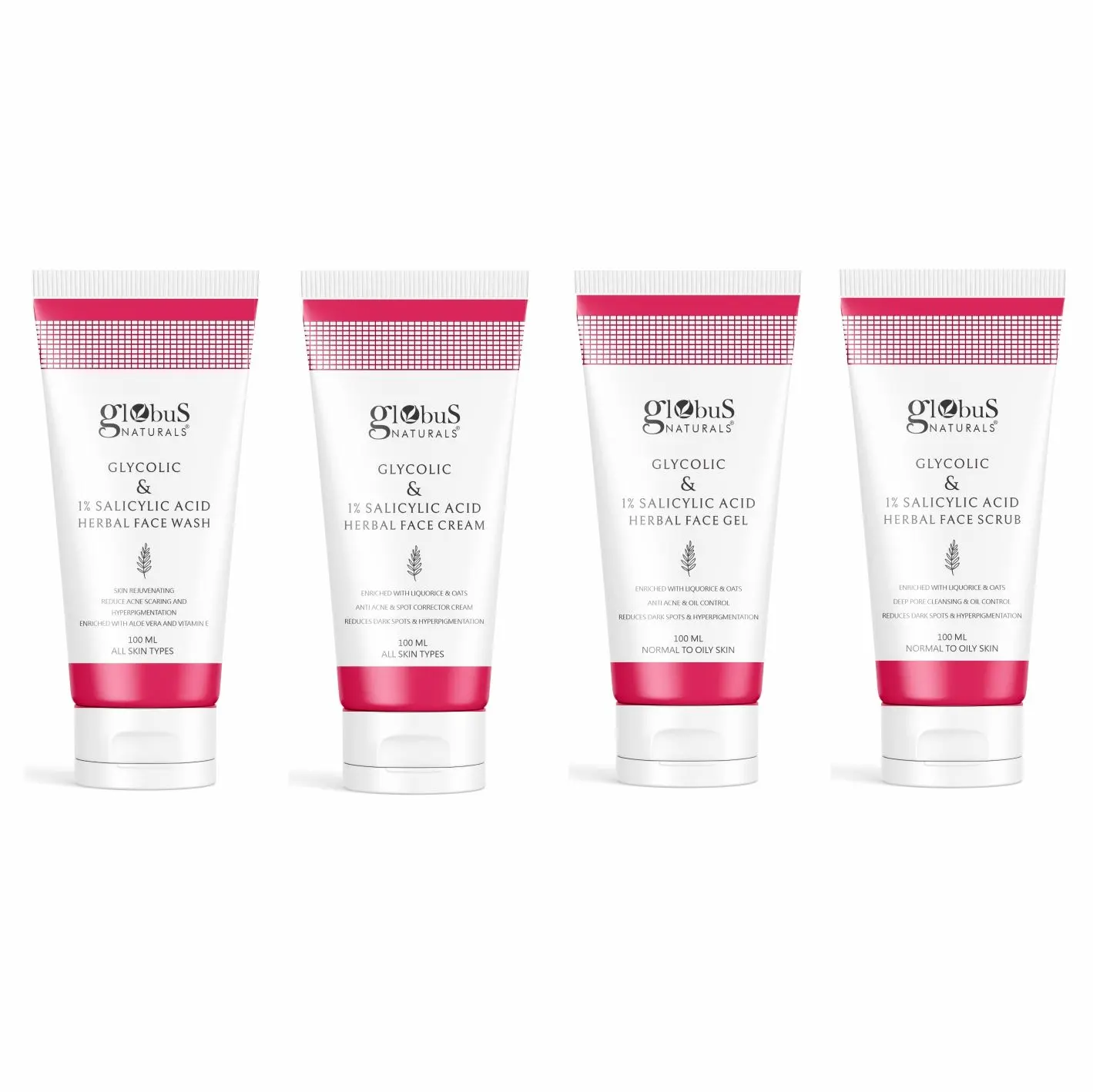 Globus Naturals Glycolic & 1% Salicylic Acid Anti-Acne Face care Combo - Set of 4 Face wash, Face Cream, Face Gel & Face Scrub