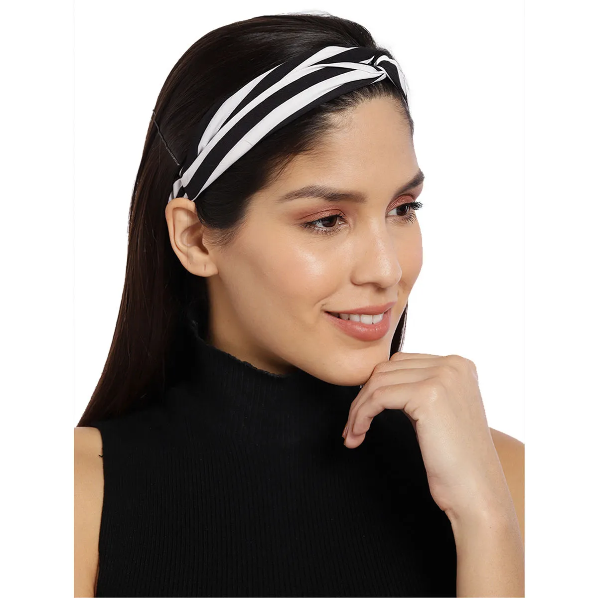 Toniq Black & White Striped Fabric Hairband For Women