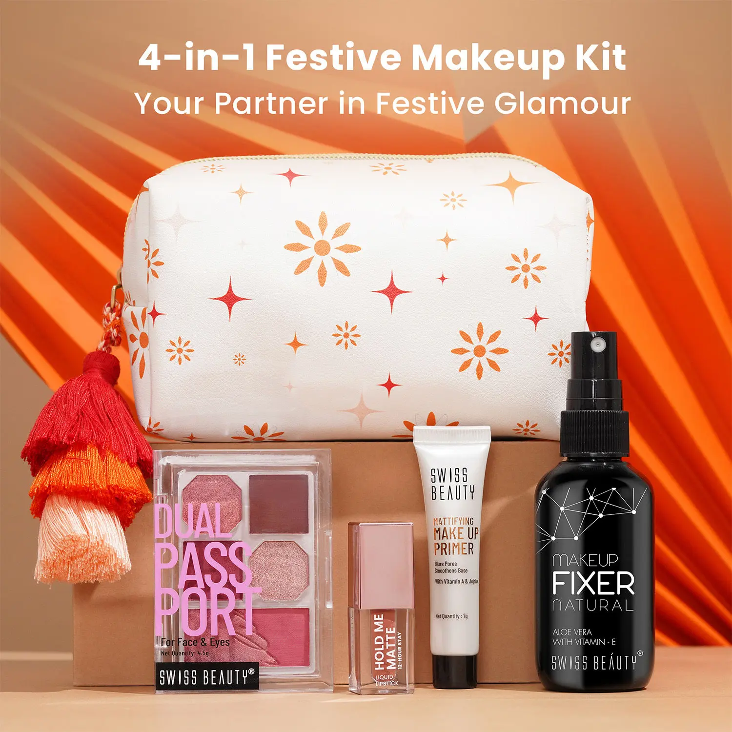 Swiss Beauty 4-in-1 Festive Makeup Kit | Waterproof Lipstick | Paspport Palette for Face & Eyes | Long-Lasting Makeup Fixer | Makeup Primer 83gm