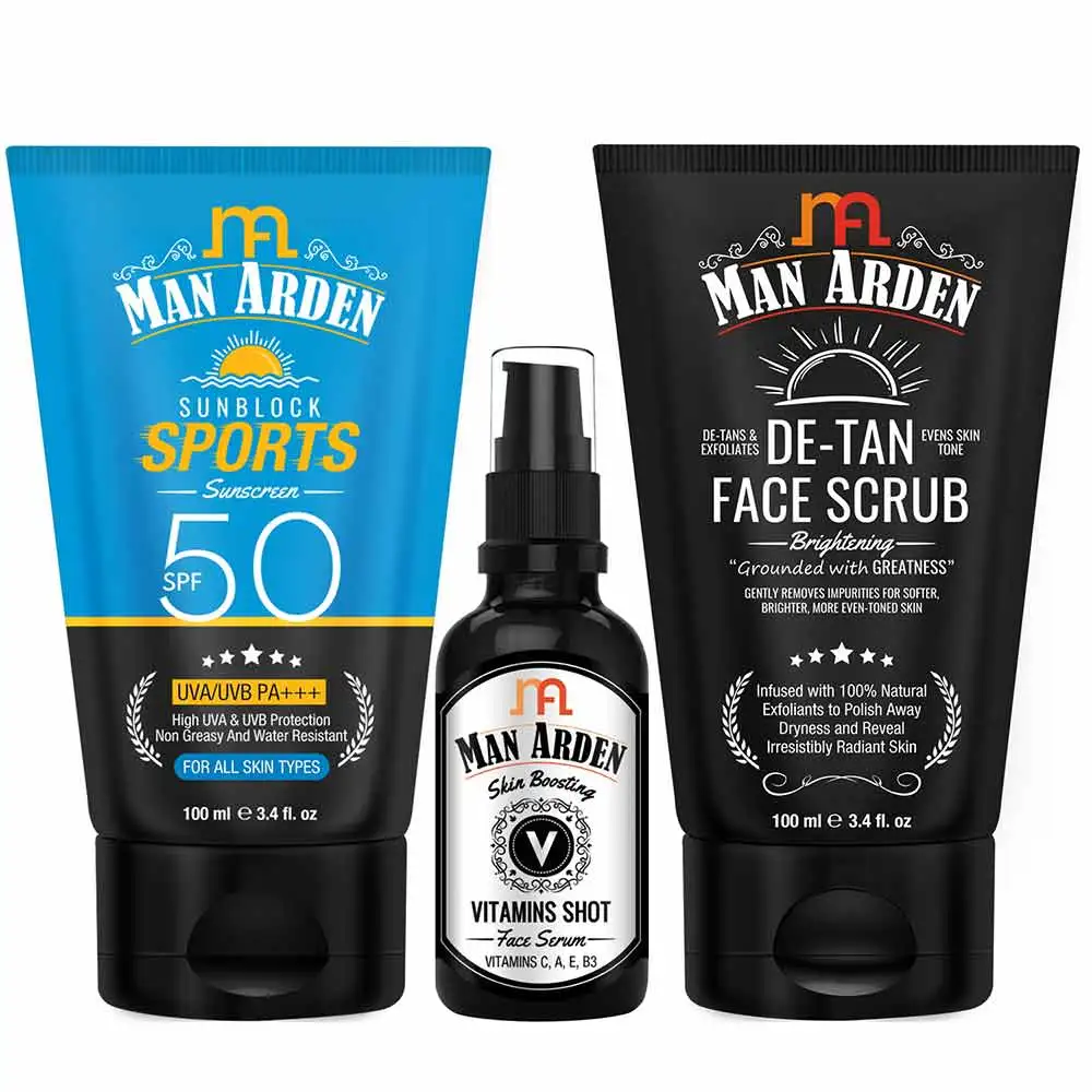 Man Arden Fabulous Skin Care - Sunscreen, Vitamin Face Serum & De-Tan Scrub Combo,  3 Piece(s)/Pack  for All Skin Types