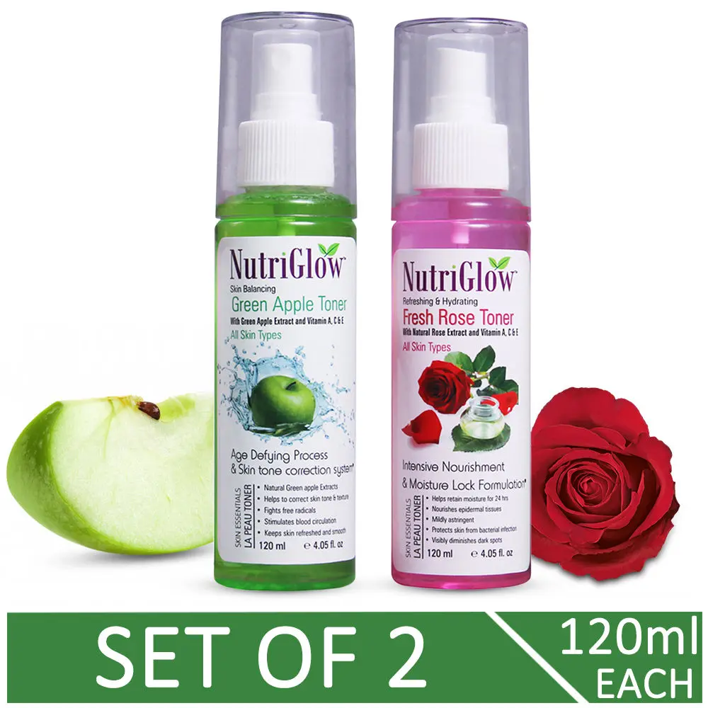 NutriGlow Combo of 2 Fresh Rose Toner (120ml) and Green Apple Toner (120ml) For All Skin Types/ Age Defying Process/ Instant Glowing