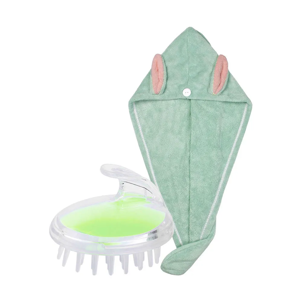 Streak Street Microfiber Hair Towel Mint Bunny + Lime And Lemony Green Massager And Shampoo Brush