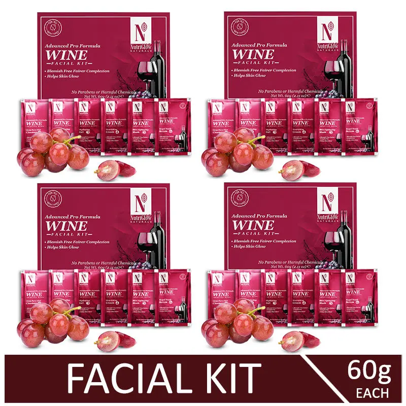 NutriGlow NATURAL'S Advanced Pro Formula Combo Pack of 4 Wine Facial Kit For Fairer Complexion, 60gm each