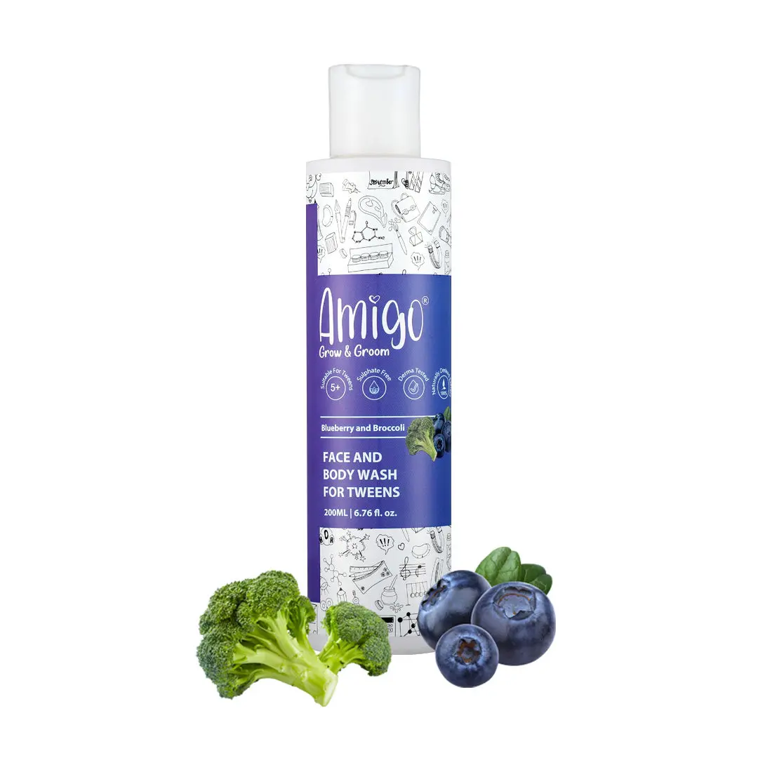 Amigo 2 IN 1 Face & Body wash for Kids, Paraben & Sulfate Free, Cleanses & Hydrates Skin - Blueberry & Broccoli extracts (200 ml)