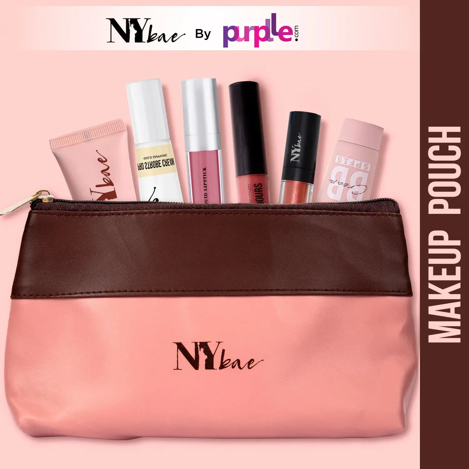 NY Bae Twin Hues Makeup Pouch | Makeup Bag | Dual Tone | Brown & Pink | Multi Purpose | Travel Friendly - Rosewood 01
