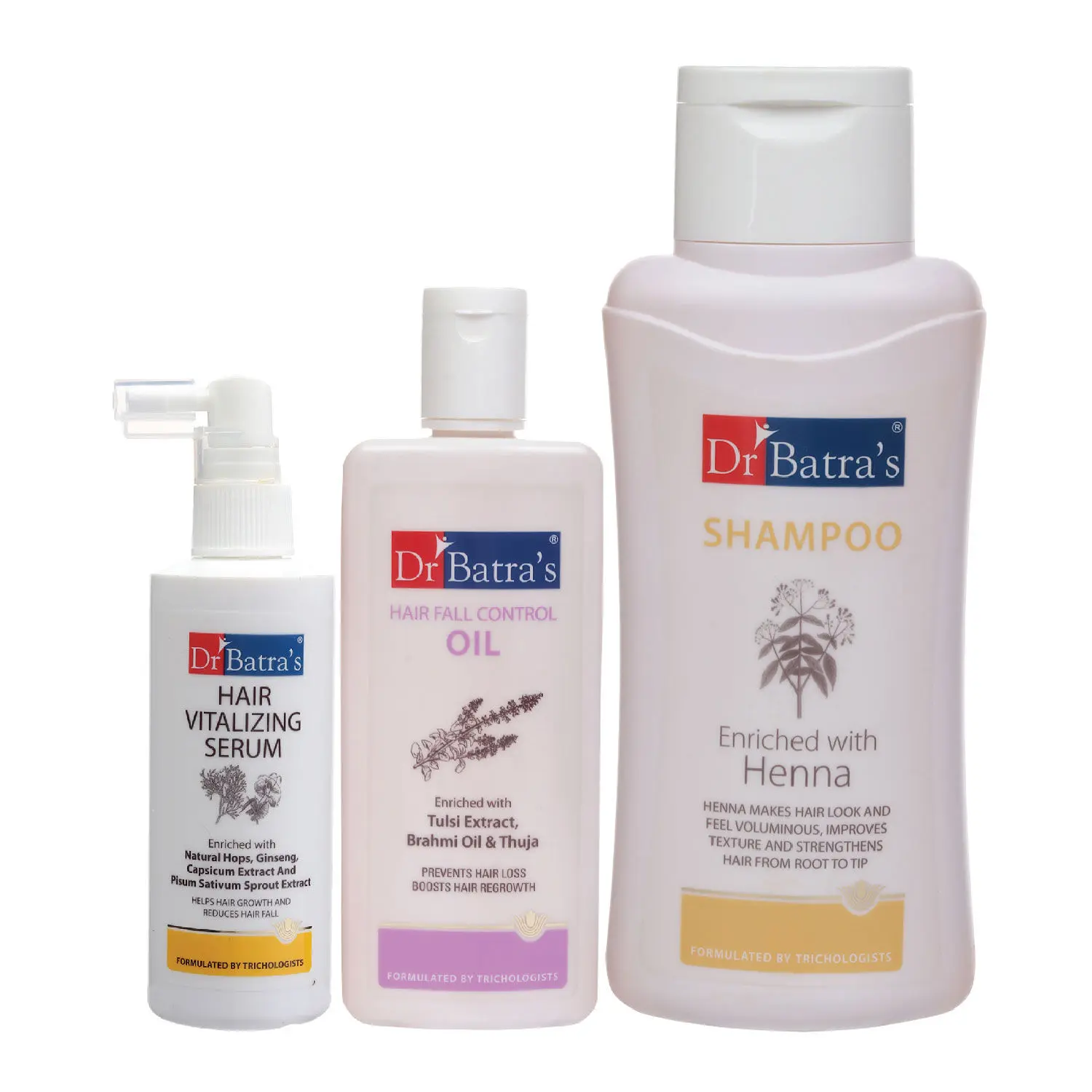 Dr Batra's Hair Vitalizing Serum 125 ml, Normal Shampoo - 500 ml and Hair Fall Control Oil- 200 ml         