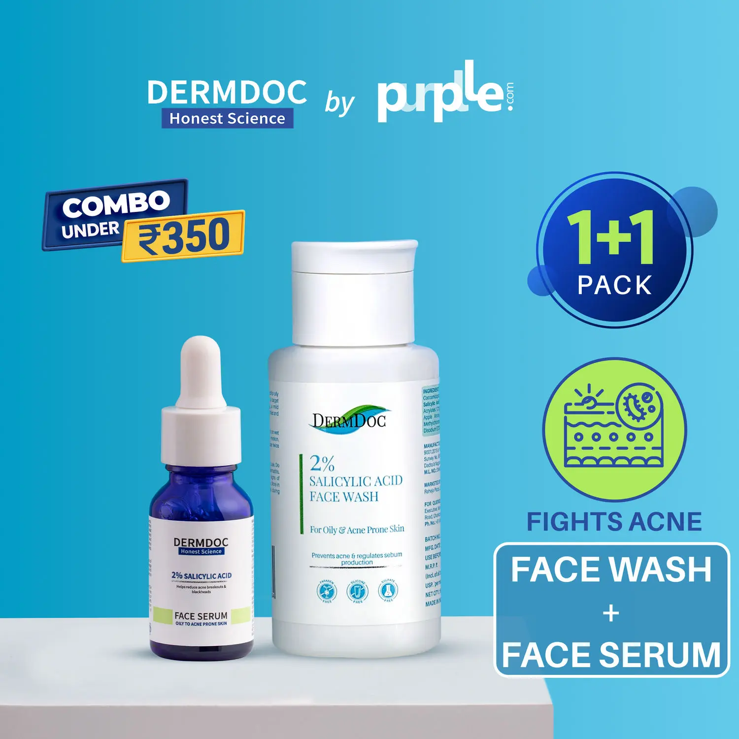 DERMDOC Combo Kit Acne Free Combo | salicylic acid serum | salicylic acid face wash mini | face wash for oily skin | pimples | acne | clogged pores | blackheads & whiteheads | super saver pack