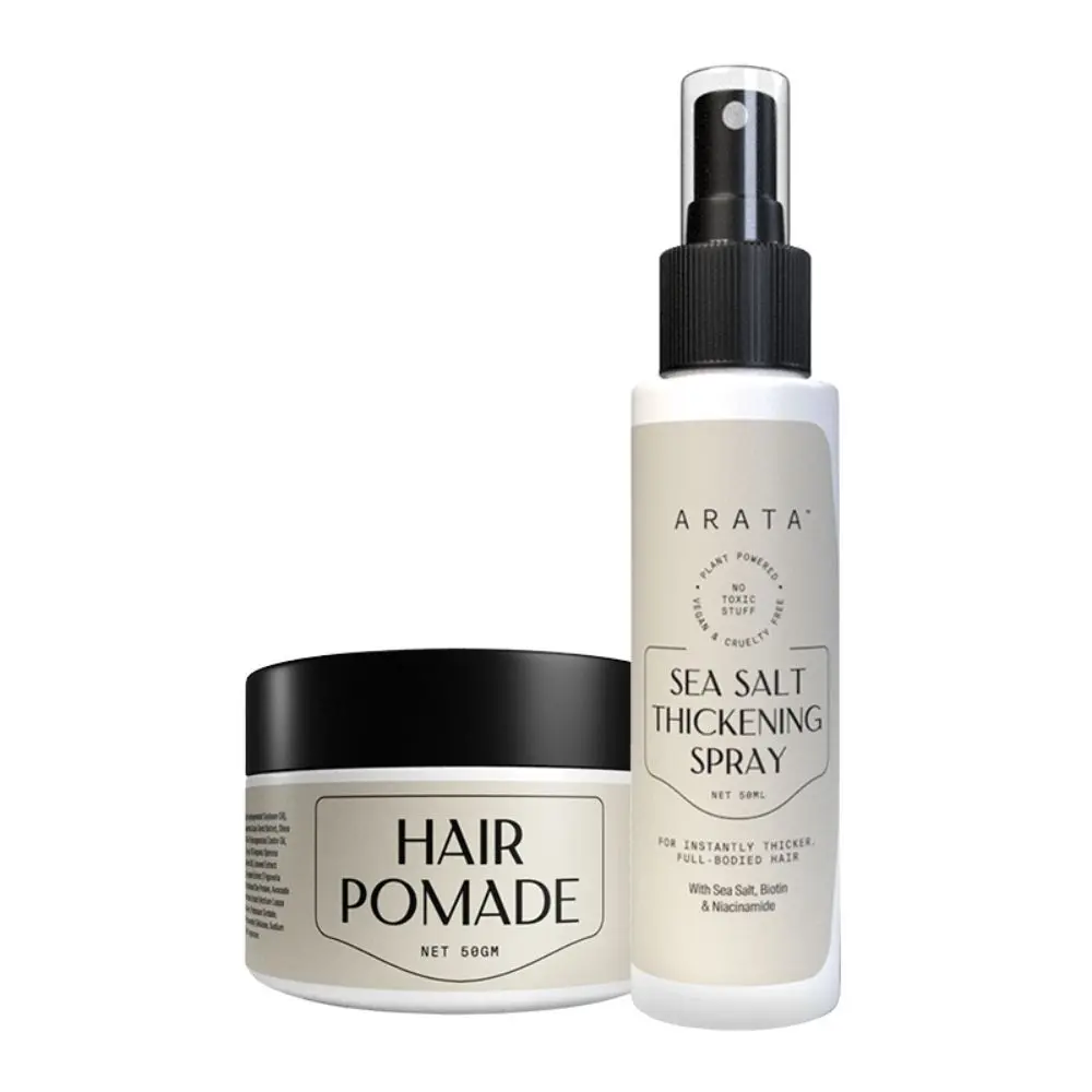 Arata Pro Grooming Set With Sea Salt Thickening Hair Spray (50 ML) & Hair Pomade (50 GM) | Pre-Styler For Instantly Thicker, Full-Bodied Hair | Style For A Glossy Finish With Flexible Control