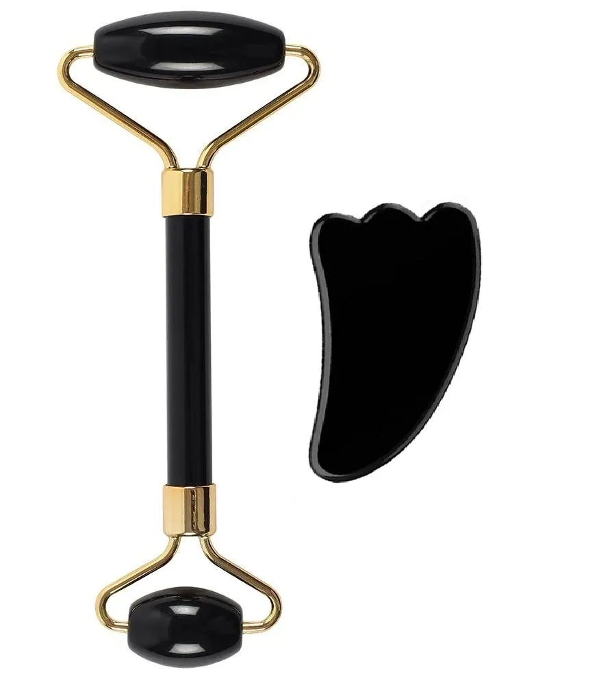 Getmecraft Black Obsidian Face Roller And Wing Shape Gua Sha Massage Tool Set