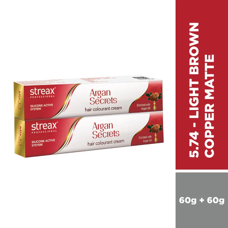 Streax Professional Argan Secret Hair Colourant Cream- Light Brown Copper Matte 5.74 (Pack Of 2)