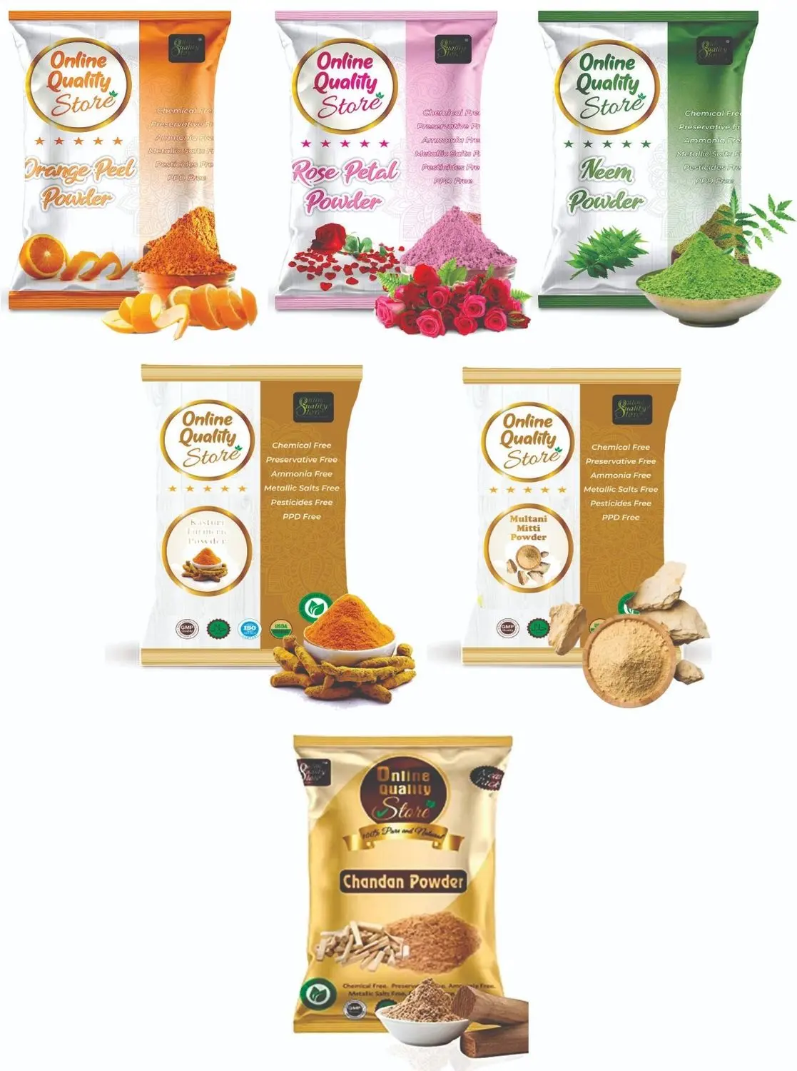 Online Quality Store Multani Mitti Powder (50g) with Kasturi Turmeric Powder (50g) Orange Powder (50g), Neem (50g), Chandan Powder (50g) and Rose (50g)- 300 g (Set of 6){mitticombo_50_haldi_50}