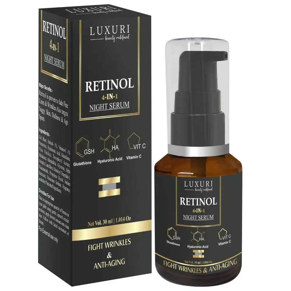 LUXURI Retinol 4-In-1 Face Serum, Serum for Anti Aging, Night Face Serum with Retinol & Glutathione, Hyaluronic, Vitamin C - 30Ml, Small