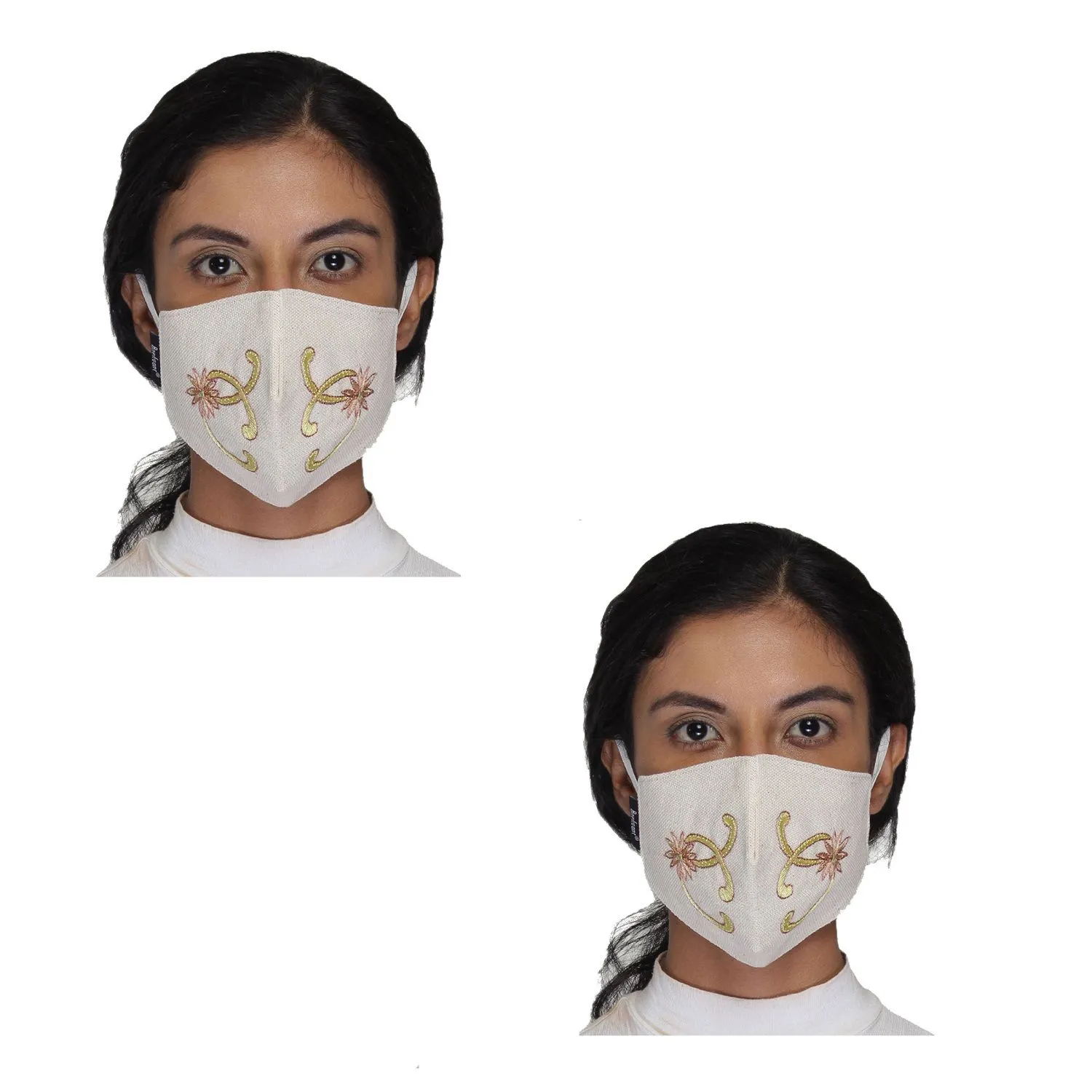 Anekaant Ivory & Yellow Reusable 3-Ply Cotton Embroidered Fabric Fashion Mask (Pack Of 2)