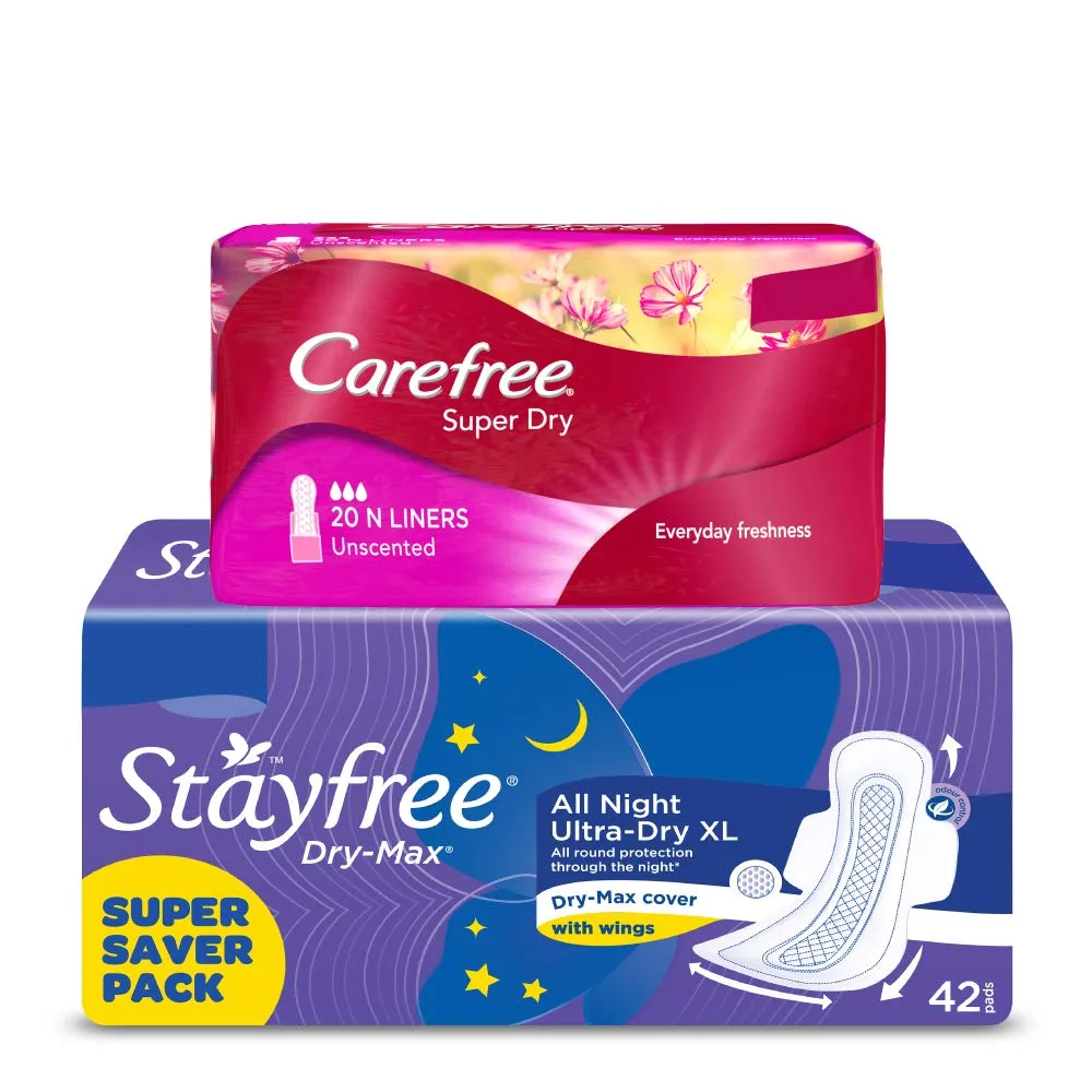 Stayfree Dry Max (Pack Of 42) + Carefree Pantyliner (Pack Of 20) Combo