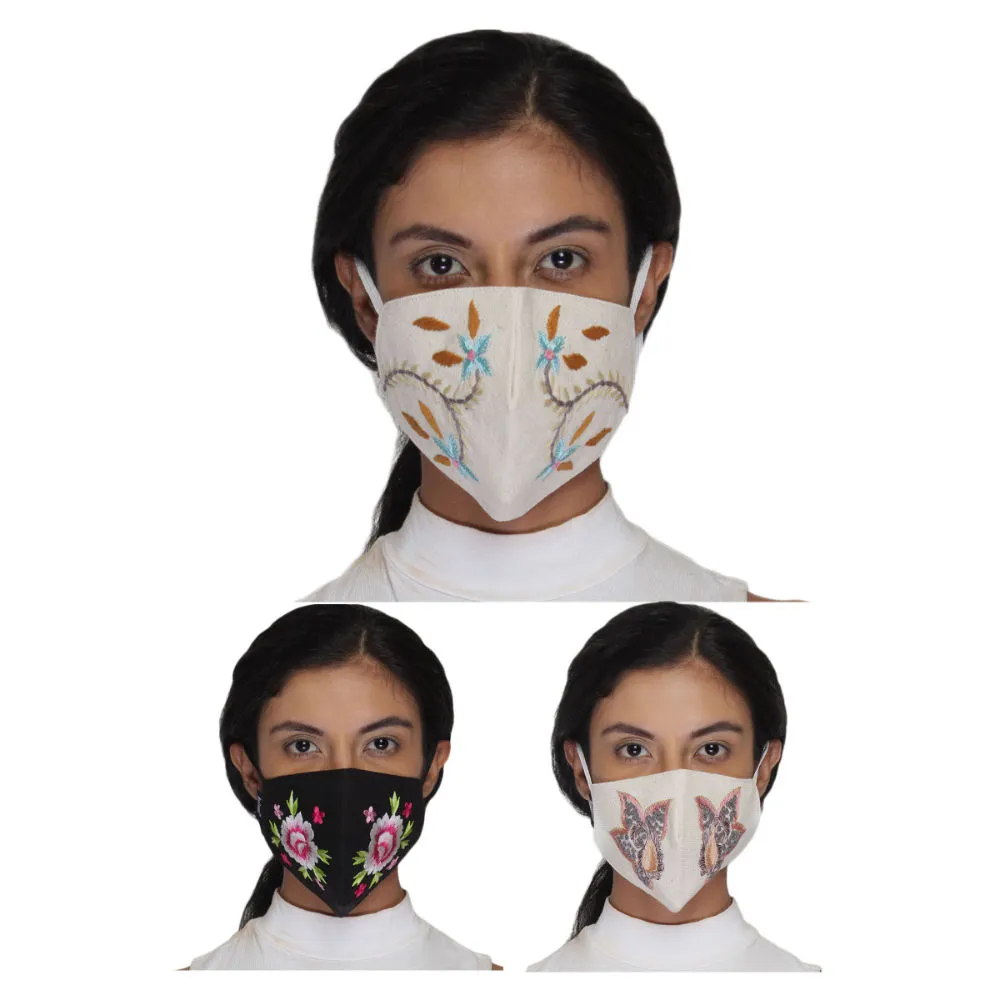 Anekaant Pack Of 3 Multicolor 3-Ply Reusable Cotton Embroidered Fabric Fashion Mask