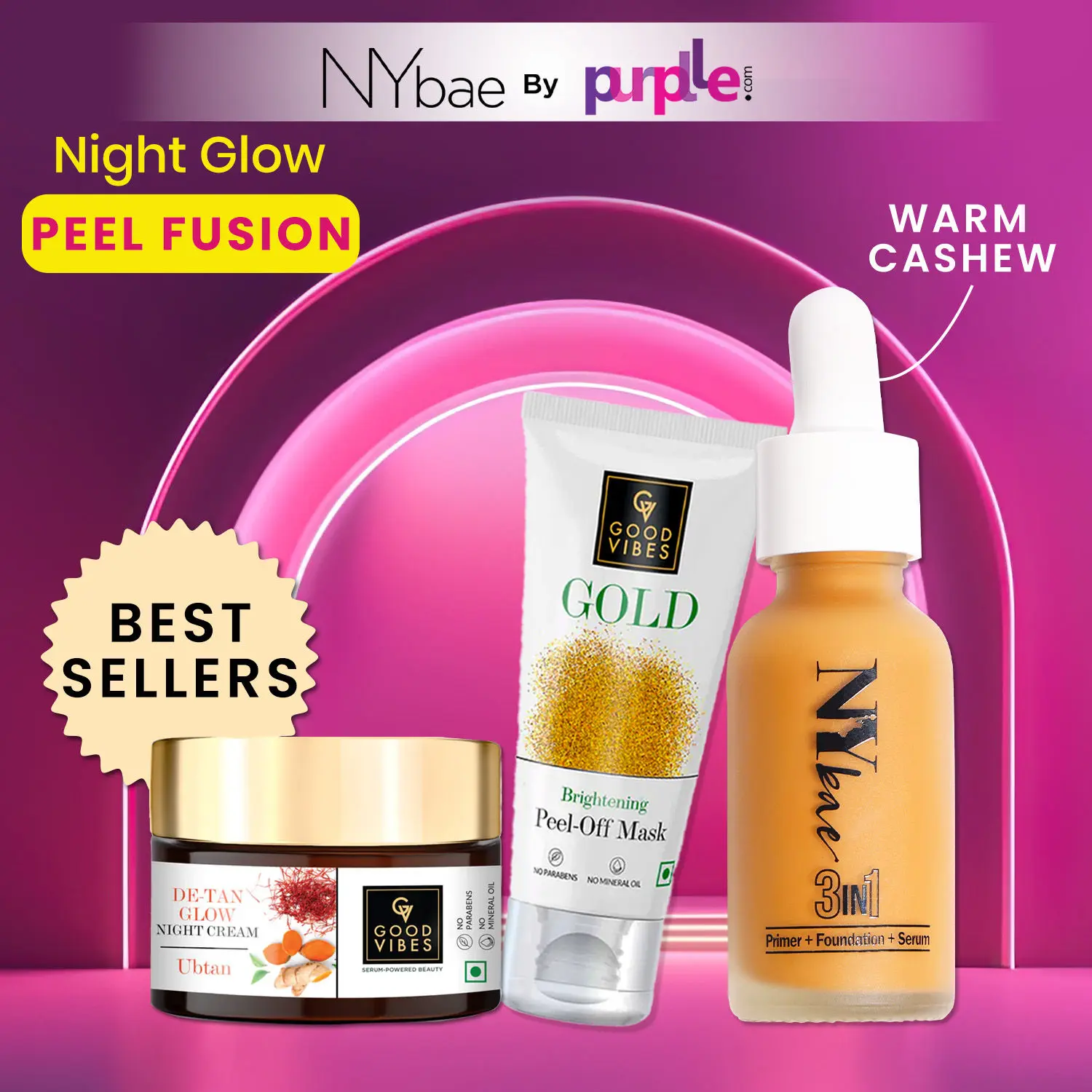 Night Glow & Peel Fusion | Good Vibes De-Tan Glow Night Cream Ubtan | Gold Brightening Peel Off Mask | NY Bae 3 in 1 Serum Foundation | Korean Glow