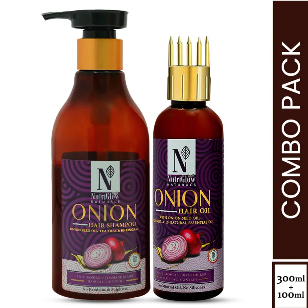 NutriGlow NATURAL'S Combo of 2 Onion Hair Shampoo (300ml) & Hair Oil (100ml) For Anti Dandruff/ Damage Repair