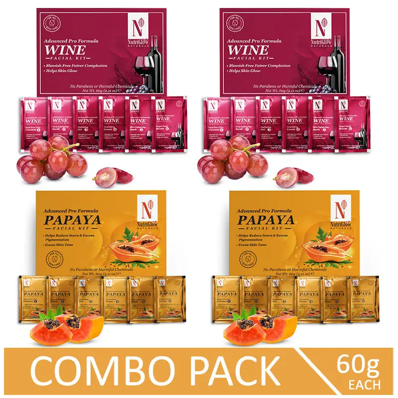 NutriGlow NATURAL'S Advanced Pro Formula Combo Pack of 4 Papaya & Wine Facial Kit For Hydrated Skin, 60gm each