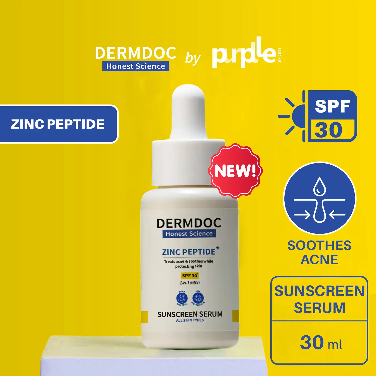 DERMDOC by Purplle Zinc Peptides* Sunscreen Serum SPF 30 (30ml) | lightweight sunscreen | no white cast | acne fighting sunscreen | sun cream for oily skin & all skin types