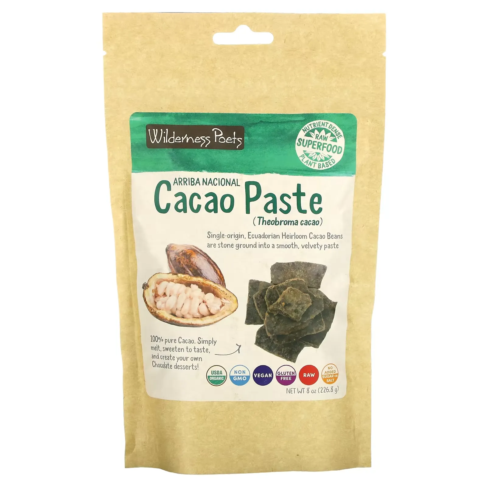 Organic Cacao Paste - Made from Stone Ground, Raw 100% Cacao Beans, 8 oz (226 g)