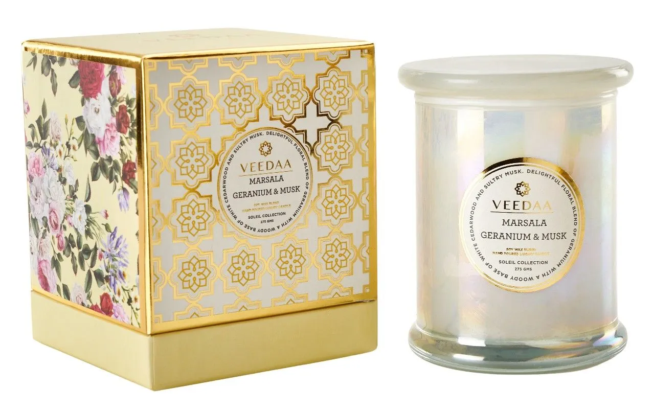 Veedaa Marsala Geranium And Musk Danube Glass Scented Candle