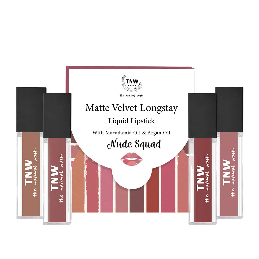 TNW -The Natural Wash Matte Velvet Longstay Liquid Lipstick- Nude Squad with Macadamia Oil and Argan Oil | Transferproof | Pigmented | Nude Shades