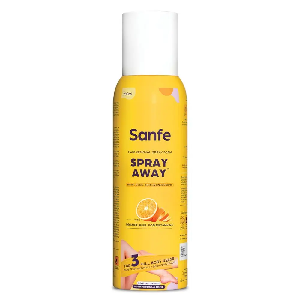 Sanfe Painless & Detan Hair Removal Spray Crean - 200ml | For Chest, Legs, Arms & UnderArm | Removes Hair in 10 Minutes with Skin Detan | Orange Peel, Aloevera, Vitamin E & Niacinamide