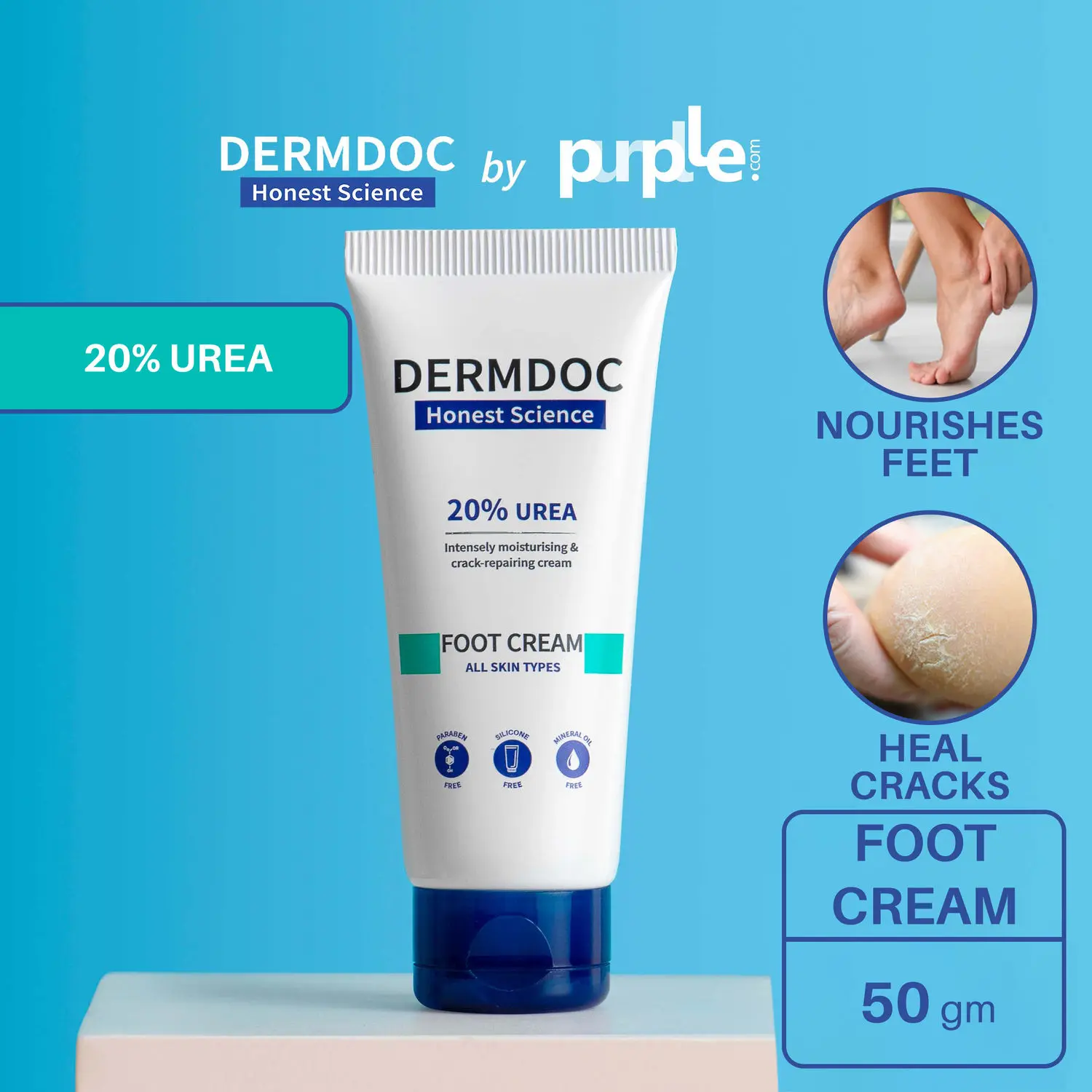 DERMDOC by Purplle 20% Urea Foot Cream (50 gm) | cream for cracked heels | foot crack cream | dry heels