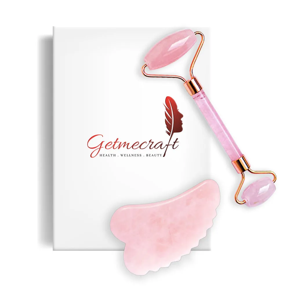 Getmecraft Rose Quartz Face Roller And Teeth Shape Gua Sha Set