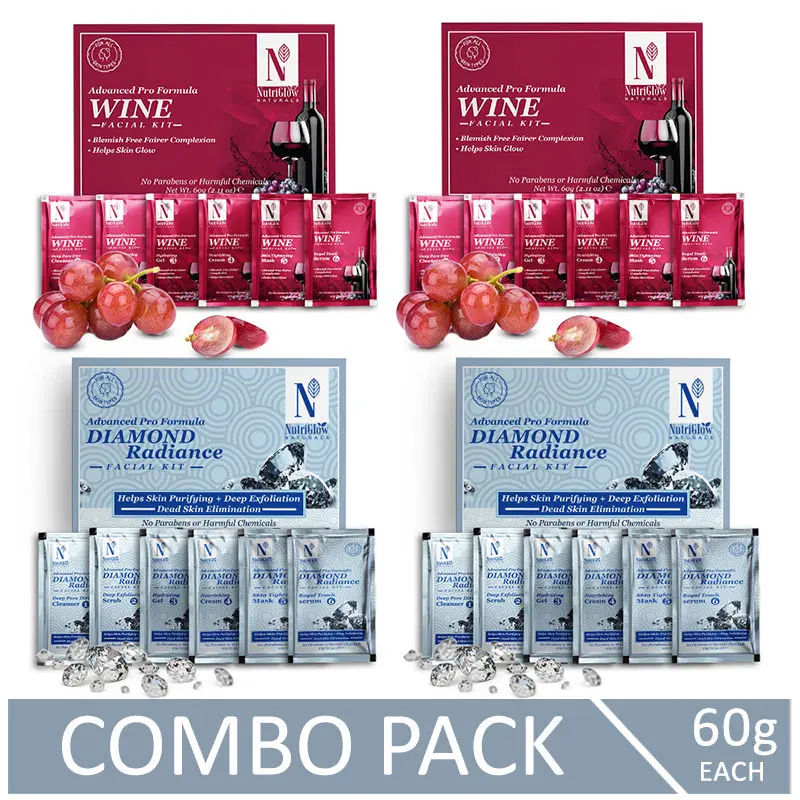 NutriGlow NATURAL'S Advanced Pro Formula Combo Pack of 4 Diamond Radiancet & Wine Facial Kit For Acne & Spot Free, 60gm each