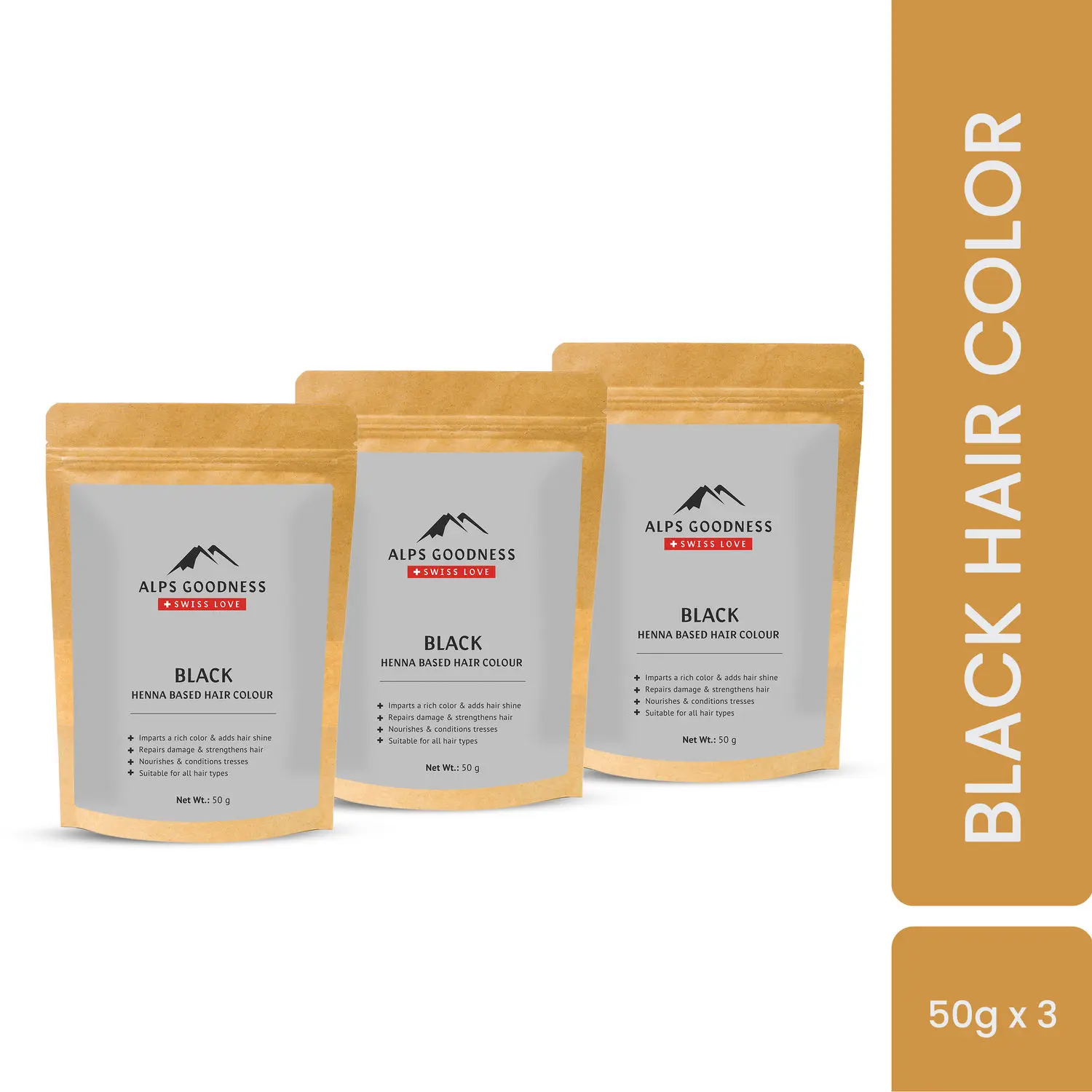 Alps Goodness Henna Based Hair Color - Black (50g x 3 units = 150g) || Ammonia Free | Peroxides Free | Enriched with herbs| NAtural Henna based Hair Colour