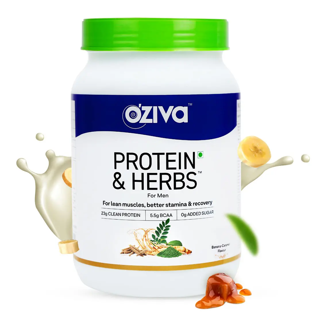 OZiva Protein & Herbs, Men (23g Whey Protein, 5.5g BCAA & Ayurvedic herbs like Ashwagandha, Chlorella & Musli) for Better Stamina & Lean Muscles,Banana Caramel