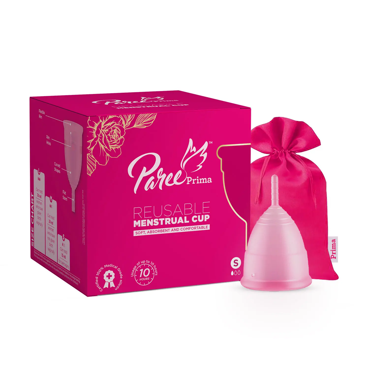 Paree Prima Reusable Menstrual Cup with protection Pouch| Small Size | 100% Medical Grade Silicon|Super Soft ,Rash and Leak Free|Upto 10 Hour Protection| FDA approved