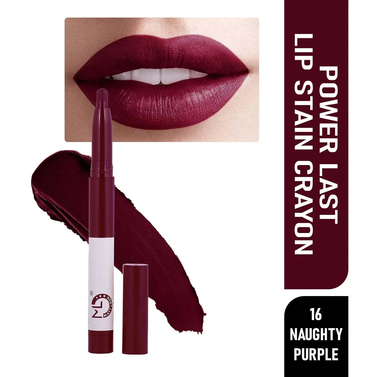 Matt look Power Last Lip Stain Crayon Lipstick, Rich Colour, Non Transfer, Mask Proof & Luxurious Creamy Matte, Naughty Purple (1.3 gm)