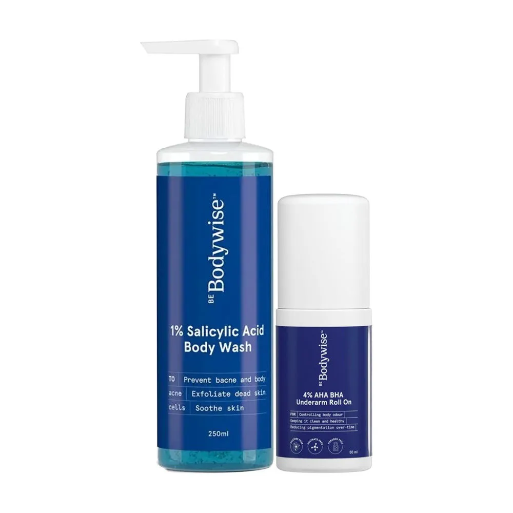 Be Bodywise 1% Salicylic Acid Body Wash & 4% AHA BHA Underarm Roll On - Helps Exfoliate Skin