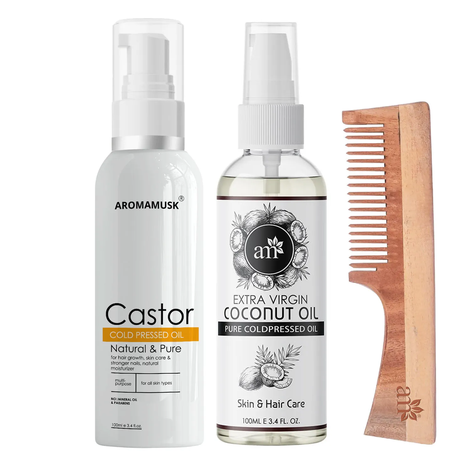 AromaMusk Organic 100% Pure Cold Pressed Castor Coconut Oil & Neem Wood Comb with Handle