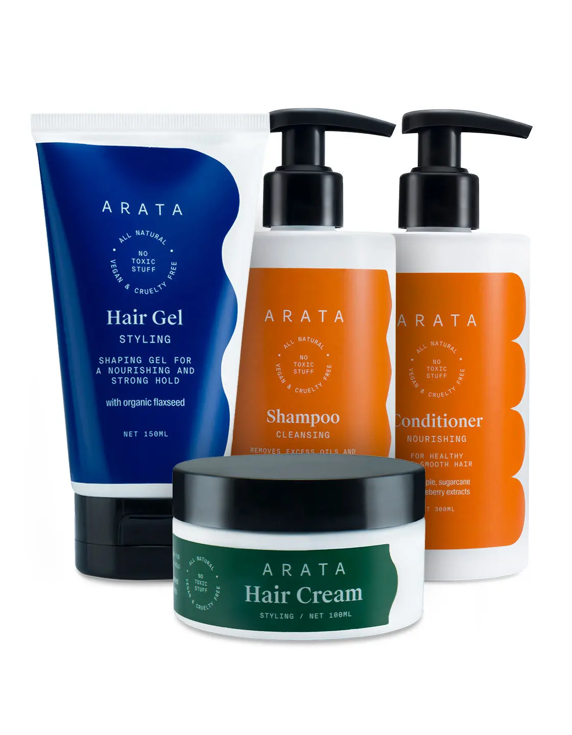 Arata Natural Hair Care Essentials for Men & Women with Cleansing Shampoo,Conditioner, Hair Gel & Hair Cream|| All Natural,Vegan & Cruelty Free || Plant Based,Non-Toxic Hair Cleansing & Styling