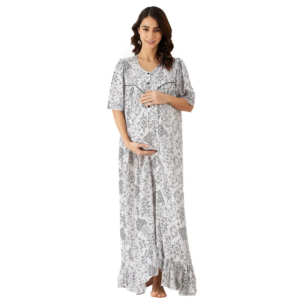 The Kaftan Company White Geometric Patterned Maternity and Feeding Nightdress (M)