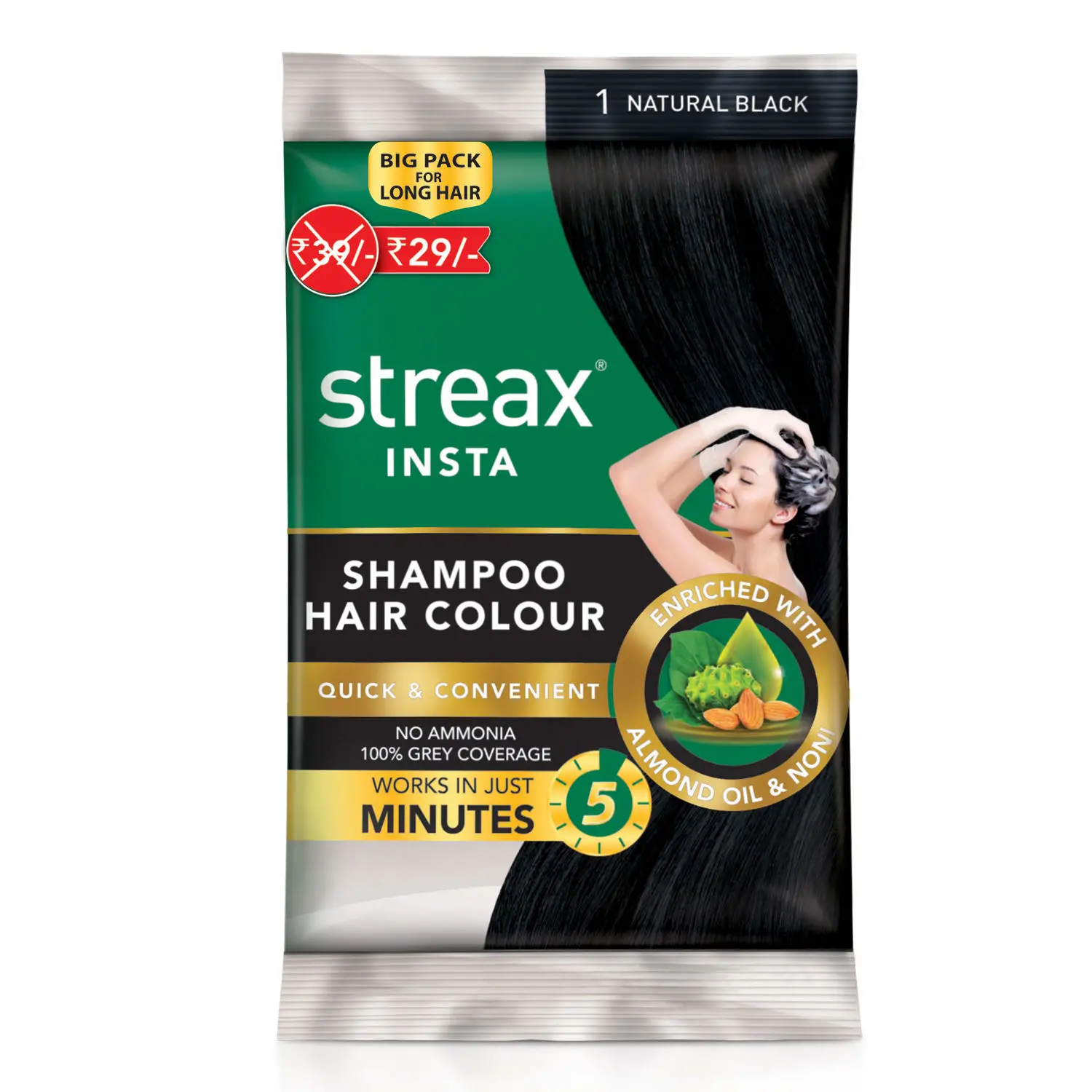 Streax Insta Shampoo Hair Colour - Natural Black (25 ml)