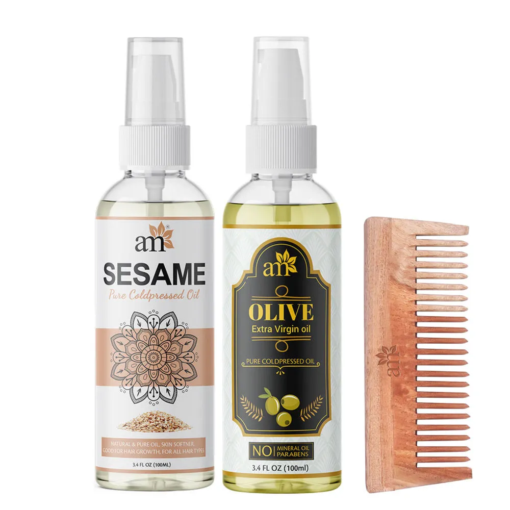 AromaMusk Organic 100% Pure Cold Pressed Sesame & Olive Oil with Wide Tooth Neem Wood Comb