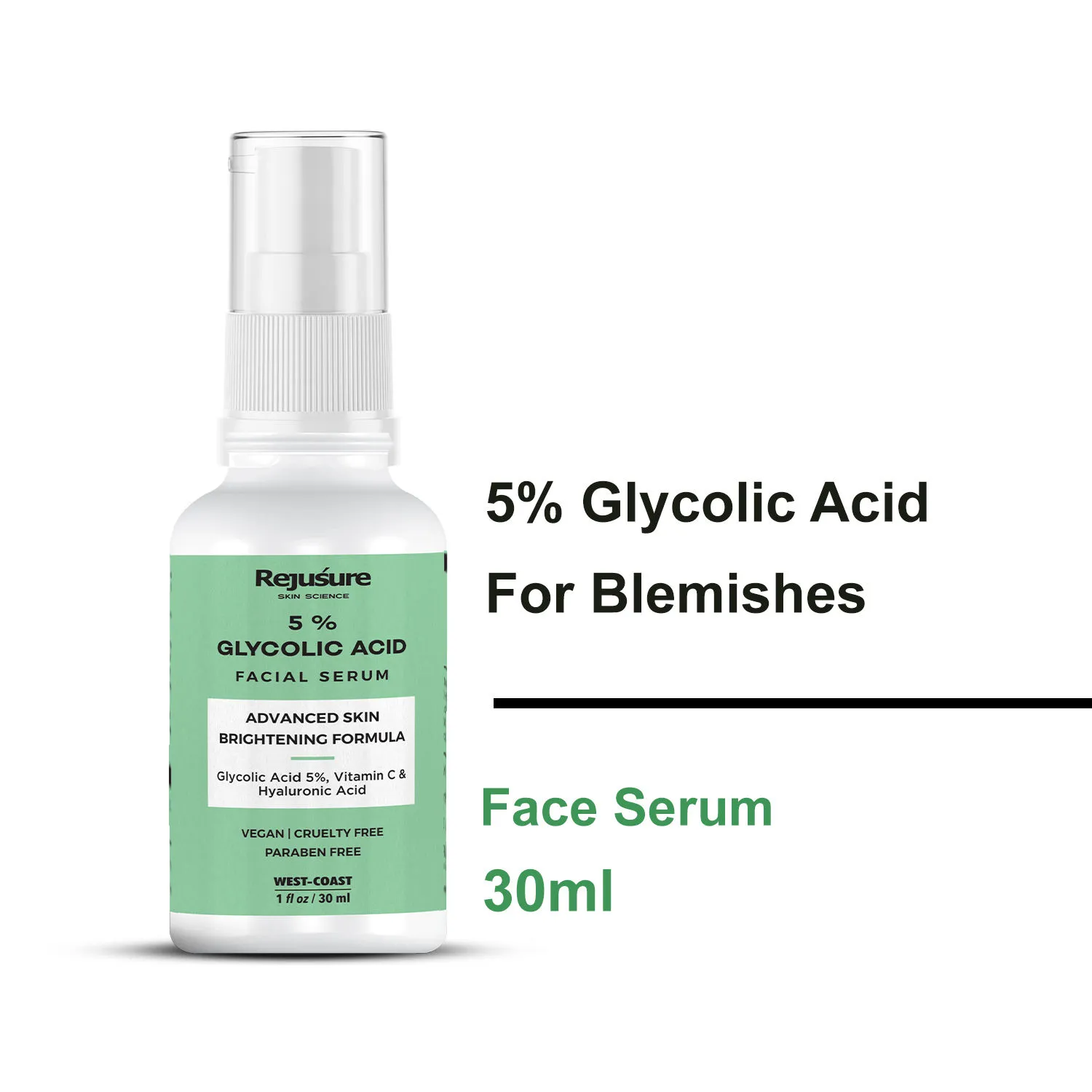 Rejusure 5% Glycolic Acid Dark Spots & Acne, Face Serum with Vitamin C & Hyaluronic Acid