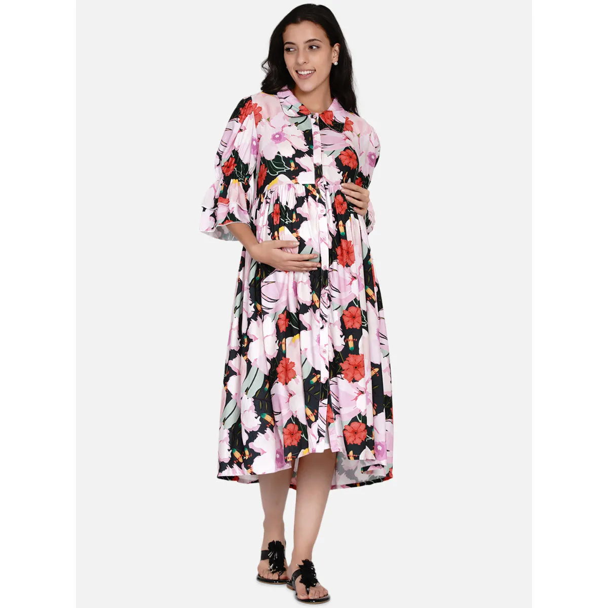 The Kaftan Company Forest Floral Shirt Collar Maternity And Nursing Dress Multi-Color (L)