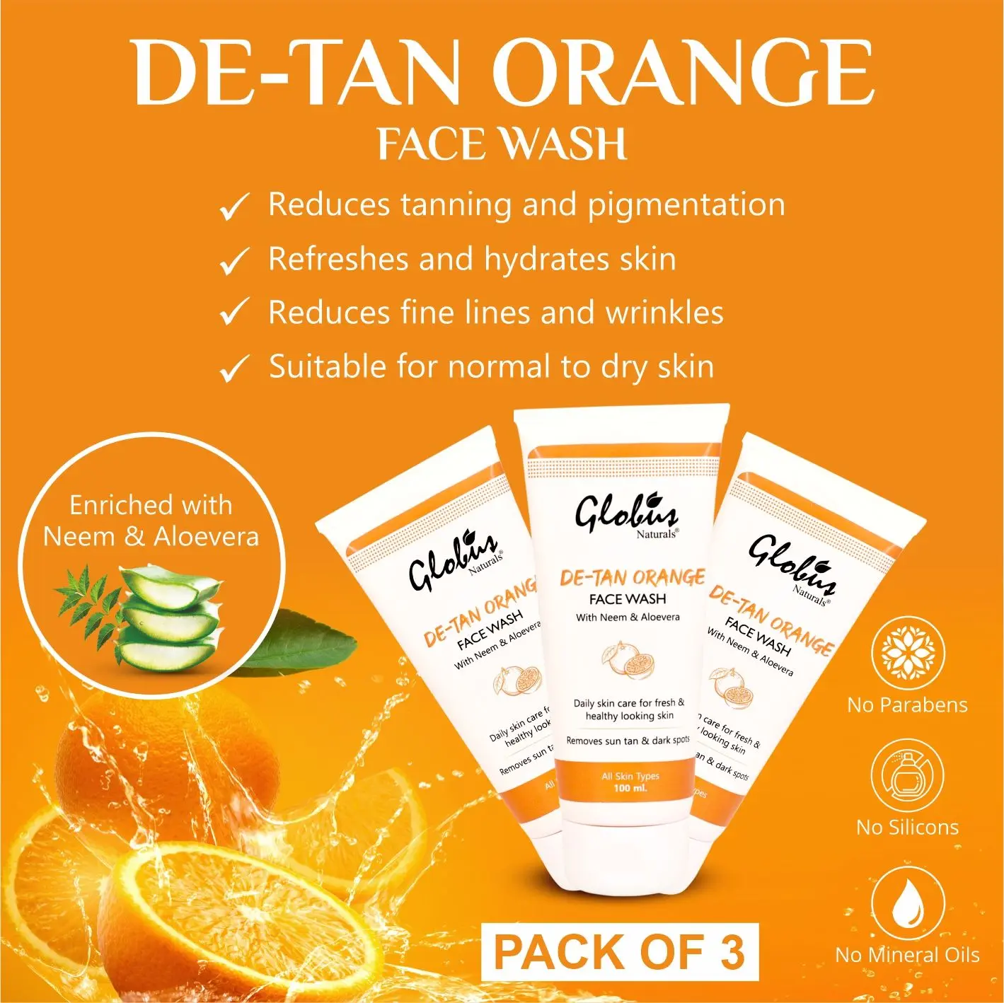 Globus Naturals D- Tan Orange Face Wash, 100 Gms (Pack Of 3)