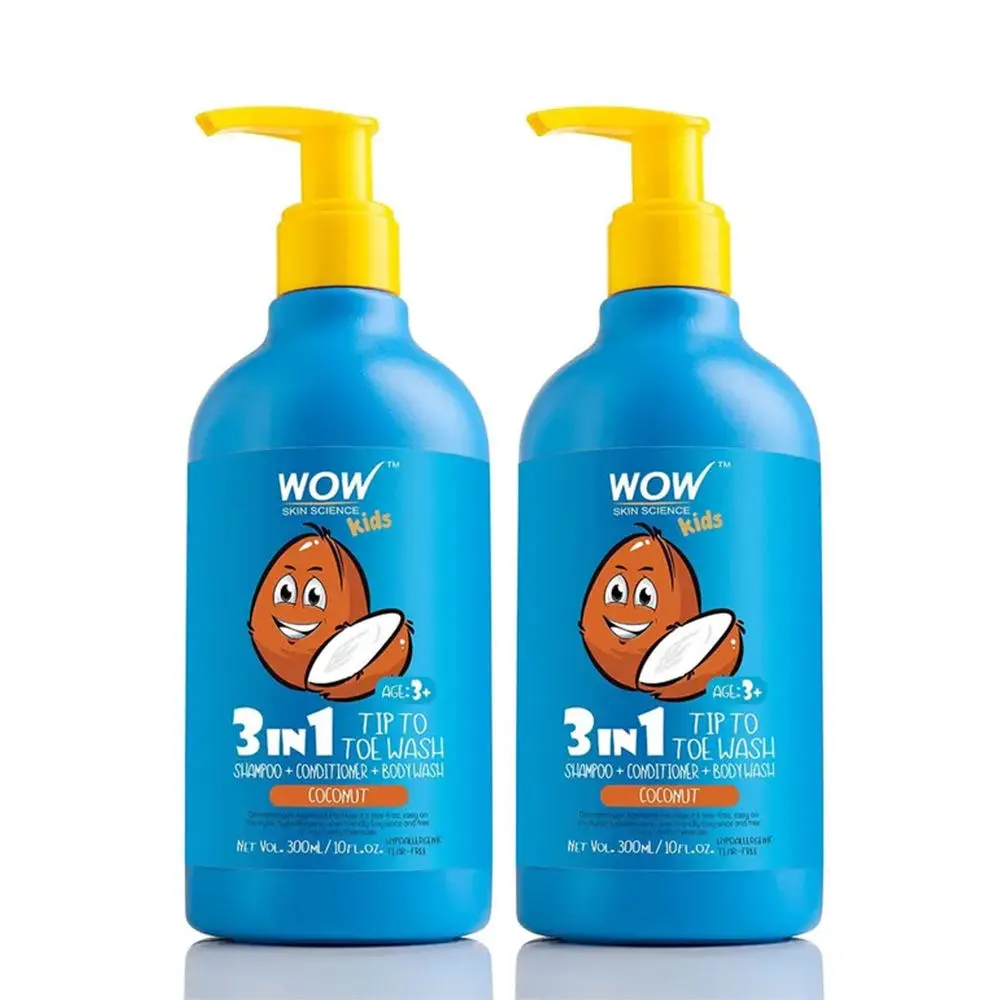 WOW Skin Science Kids 3 In 1 Tip To Toe Wash (Shampoo + Conditioner + Bodywash) - Coconut (300 ml) (Pack of 2)