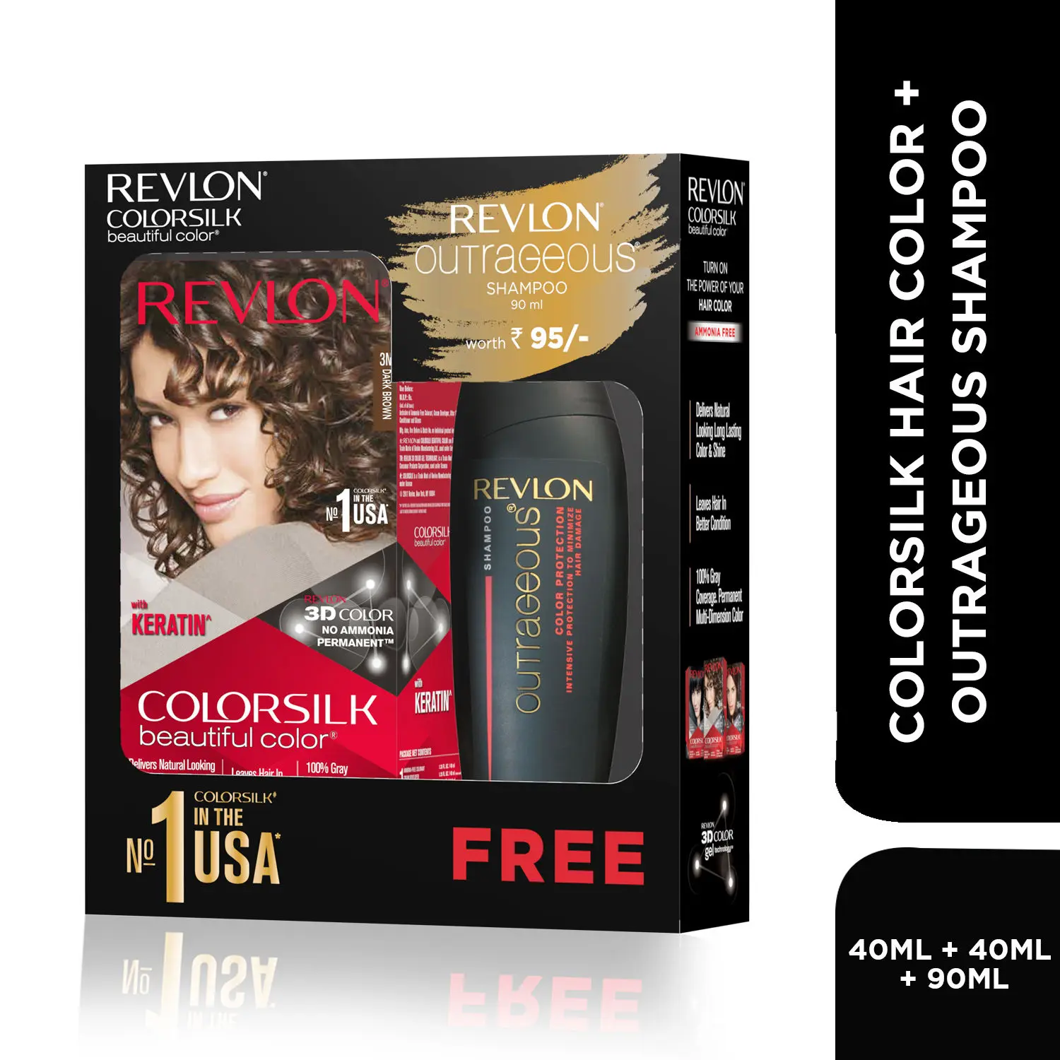 Revlon ColorSilk Hair Color with Keratin - 3N Dark Brown - (with Outrageous Shampoo 90 ml)